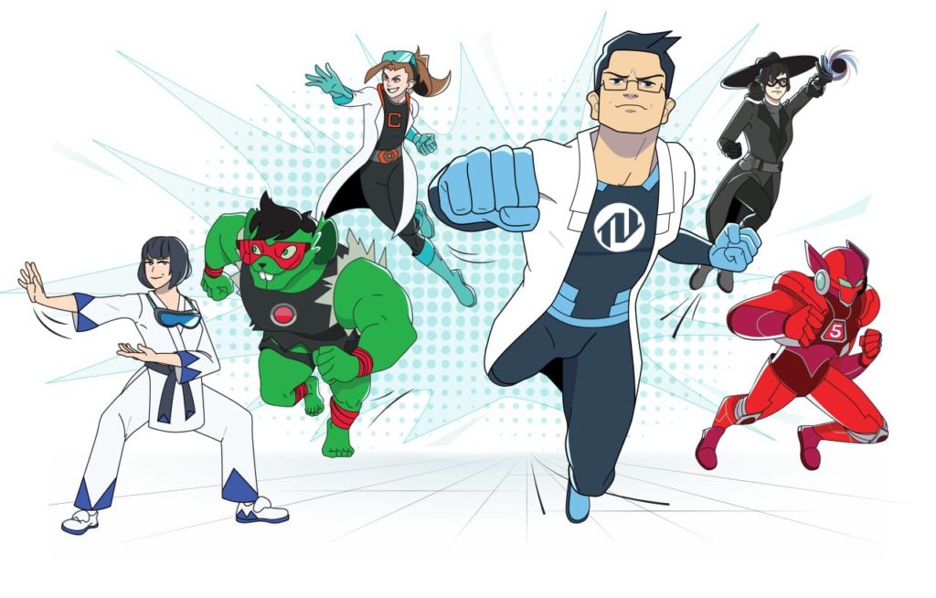The optical SuperHero League, featuring Acktara the Light Trapper by Acktar, OPTOMAN Super-Optics Hero, Sens-eye, the Guardian of Quality by Precitec, The GFP mouse - Green Fluorescent Punisher by TOPTICA Photonics, SuperNova - A Catalyst of Extreme Power and Wavelength by Class 5 Photonics, and Captain Shape - The Light Tamer by Cailabs
