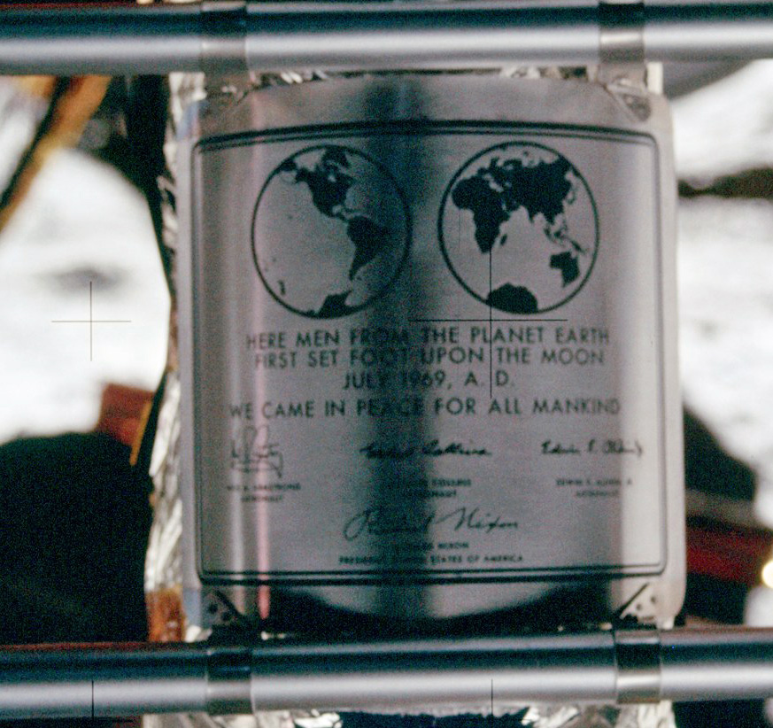 The Apollo 11 plaque, on the Lunar Module Eagle on the Moon, including the signatures of the mission team along with U.S. President Richard Nixon (credit: Wikipedia).
