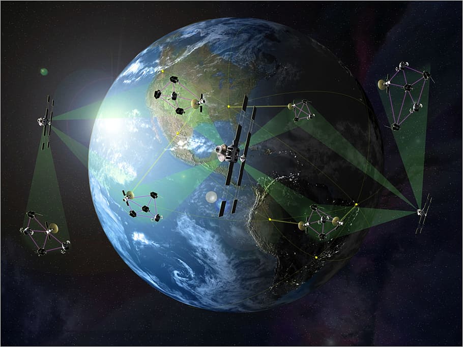 satsearch image on article on expert procurement advice for the space industry - image shows a network of satellites communicating and surrounding earth