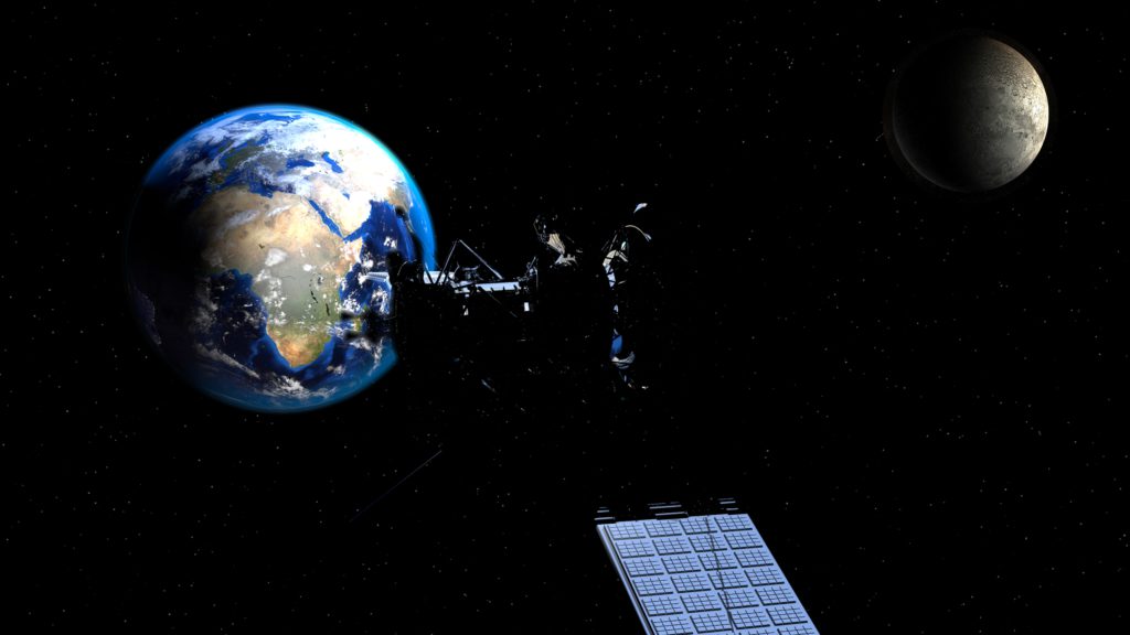 satellite to satellite communication is an important concept for modern missions and constellations - this image represents the concept with a picture of a satellite, the Earth and the Moon.