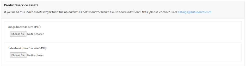 updating products to satsearch - screenshot of space supplier update product form - product image and datasheet