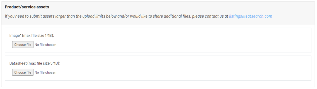 adding products to satsearch - screenshot of space supplier add product form - product image and datasheet section
