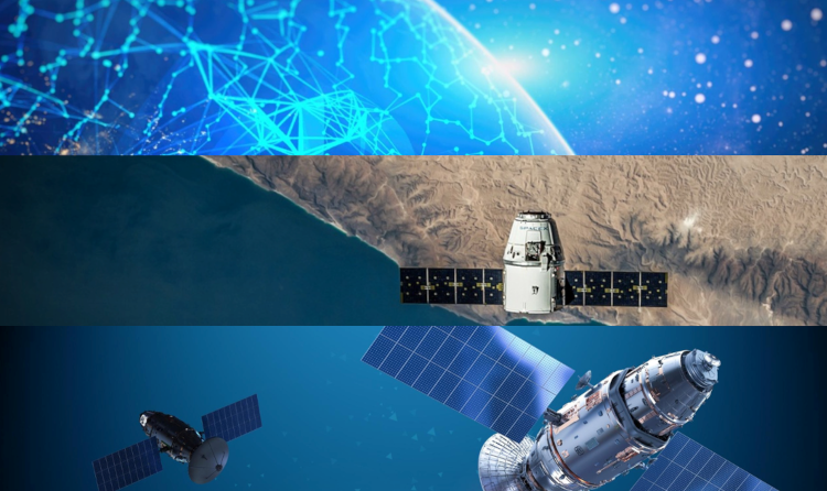 ai in space applications - image shows generic satellites, earth observation images, and other space hardware and is meant to represent artificial intelligence or AI uses in space applications - published on satsearch - the global marketplace for space